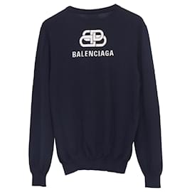 Balenciaga-Balenciaga Back Logo Sweater in Navy Blue Wool-Blue,Navy blue