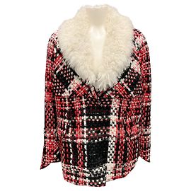 Rag & Bone Red / Black / Ivory Shearling Collar Plaid Coat Red