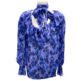 Contera Bluse mit Aquarellblumen und blauer Schleife von Dries van Noten Blau