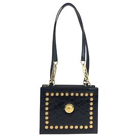 Versace Vintage Crocodile-Embossed Black Leather Shoulder Bag Black