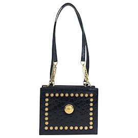 Vintage Schultertasche aus schwarzem Leder mit Krokodilprägung von Versace Schwarz