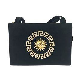Gianni Versace Vintage Sunburst Black Suede Shoulder Bag Black