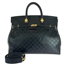 Versace-Bolsa Boston/ombro em couro preto vintage Sunburst da Versace-Preto