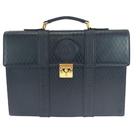 Gianni Versace Vintage Sunburst Black Leather Briefcase Black
