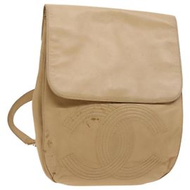 CHANEL COCO Mark Backpack Lamb Skin Beige Silver CC Auth BA2935 Silvery Beige