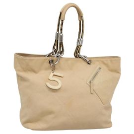 CHANEL COCO Mark Tote Bag Canvas Beige Silver CC Auth BA3696 Silvery Beige