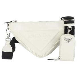 Prada Triangle Leather Shoulder Bag Tote 1BH190 Black White