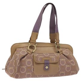 Bolsa Tote Gancini Salvatore Ferragamo em lona e couro roxa dourada Auth 128017 Dourado Roxo