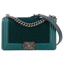 CHANEL - Borsa a spalla Chanel Boy in tweed blu anatra e pelle Blu