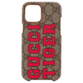 GUCCI - Capa de telefone em lona monogramada Gucci para iPhone 13 Pro Max Tiger Marrom