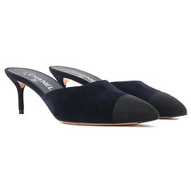 CHANEL - Chanel navy blue suede heeled mules (size 38.5) Navy blue