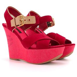 LOUIS VUITTON - Sandales compensées Louis Vuitton en denim rouge et daim (taille 37,5) Rouge