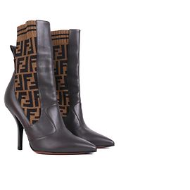 FENDI - Botas de tornozelo de salto Fendi FF em couro e tecido monogramado Marrom