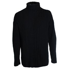 Yohji Yamamoto, Schwarzer gerippter Rollkragenpullover Schwarz