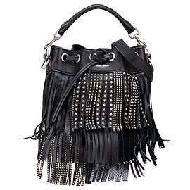 Borsa a secchiello Emmanuelle in pelle di vitello nera con borchie di Saint Laurent Nero