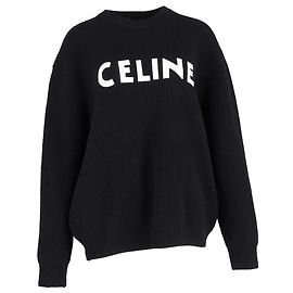 Céline Schwarzer Wollpullover mit Celine-Logo-Druck in Rippstrick Schwarz
