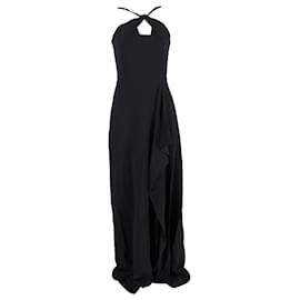 Roland Mouret-Roland Mouret Embellished-Strap Ruffled Maxi Dress in Black Viscose-Black