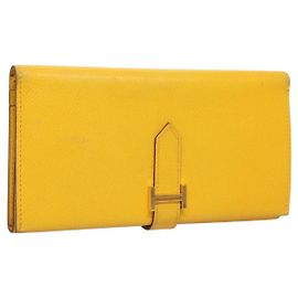 Hermès Billetera HERMES de cuero amarillo Auth BA3777 Amarillo