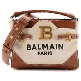 BALMAIN - Bolsa transversal B-Buzz 22 Balmain em lona bege e couro marrom Marrom