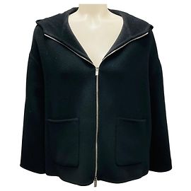 Peserico Black Hooded Full Zip Wool Jacket Black