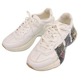 Baskets en cuir à imprimé tigre Rhyton de Gucci Blanc
