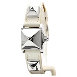 Hermès Médor Uhr aus Stahl mit weißem Lederarmband Silber