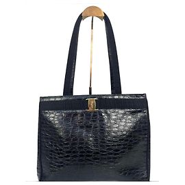 Salvatore Ferragamo Vara Black Crocodile Effect Leather Handbag Black
