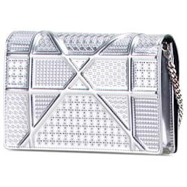 Dior-Dior Silver Metallic Patent Microcannage Diorama Wallet on Chain-Silvery