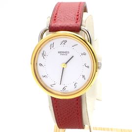 Hermès Arceau watch steel and gold plated with red leather strap Golden