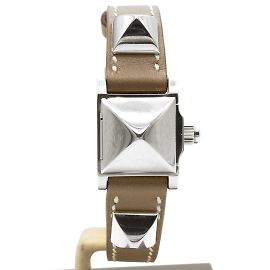 Relógio Hermès Médor em aço e pulseira de couro Etoupe Prata