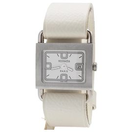 Hermès Barenia BA1.210 Watch Silver Steel White Leather Silvery