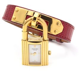 Hermès Kelly watch gold plated steel with red lizard leather strap Golden