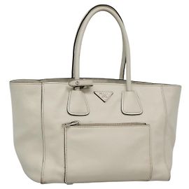 PRADA Tote Bag Leather White Silver Auth ep9305 Silvery White