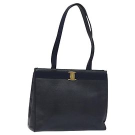 Salvatore Ferragamo Tote Bag Snakeskin embossed Navy Gold Auth 130119 Golden Navy blue
