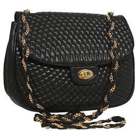 BALLY Bolsa de Ombro de Couro Matelassada com Corrente Preto Ouro Auth BA3955 Preto Dourado