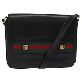 Borsa a spalla in pelle nera e oro della linea Sherry di GUCCI Auth ep9327 Nero D'oro