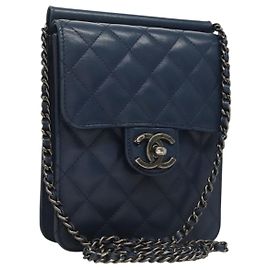 CHANEL Chain Shoulder Bag Lamb Skin Blue CC Auth BA3679 Blue