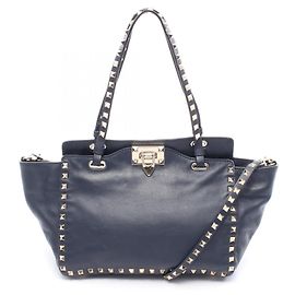 Valentino Rockstud Leather Tote Bag Navy blue