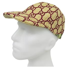 Gucci-GUCCI BASEBALL CAP IN RAFFIA WITH GG LOGO BEIGE AND BORDEAUX HAT CAP-Beige