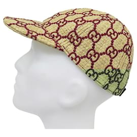 Gucci-GUCCI BASEBALL CAP IN RAFFIA WITH GG LOGO BEIGE AND BORDEAUX HAT CAP-Beige