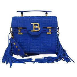 NEW BALMAIN B-BUZZ 23 BLUE MONOGRAM SUEDE SHOULDER HANDBAG Blue