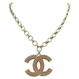 NUEVO COLLAR CHANEL PENDIENTE LOGO CC ESTRÁS MULTICOLOR DORADO Dorado