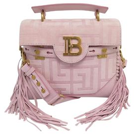 BALMAIN B BUZZ 23 SUEDE LEATHER MONOGRAM FRINGE SHOULDER BAG Pink