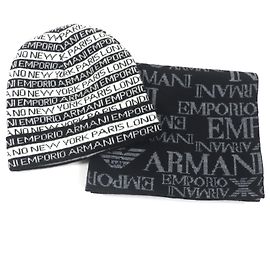 Conjunto de gorro e cachecol de lã e acrílico Emporio Armani Marrom Preto Branco