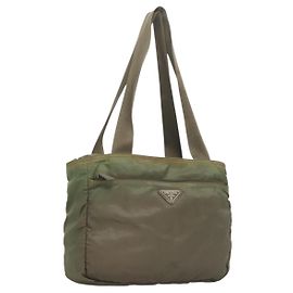 PRADA Tote Bag Nylon Khaki Silver Auth bs27455 Silvery Khaki
