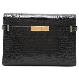 Saint Laurent Paris Manhattan Leather Crocodile-Embossed Flap Clutch Black Black