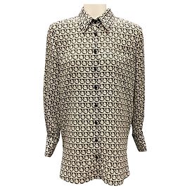 Blusa de seda com estampa de logo bege / preta 2021 da Salvatore Ferragamo Bege