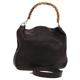 Bolsa de mão em couro Gucci Bamboo 2way marrom dourado 001 2123 1577 Auth th6173 Marrom Dourado