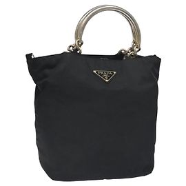 PRADA Bolso de Mano Nylon Metal Negro Oro Auth 130971 Negro Dorado