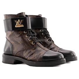 Louis Vuitton-LOUIS VUITTON - Bottines Wonderland Louis Vuitton en cuir et toile monogrammée (T38)-Brown